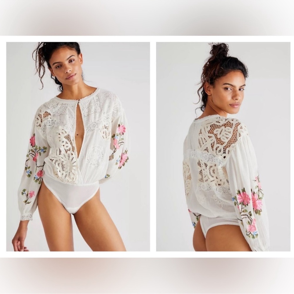 NWOT Free People Making Harmony Embroidered Cotton Long Sleeve Bodysuit XS